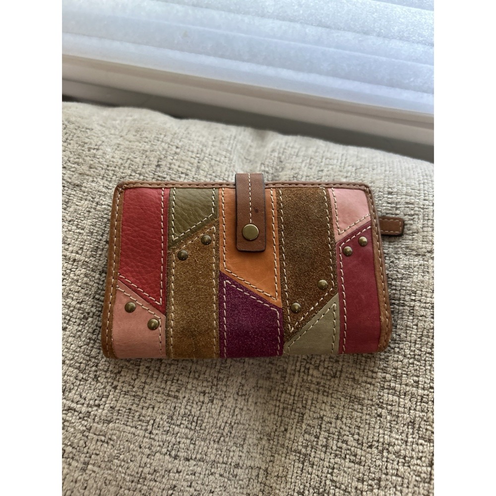 Vintage Fossil Patchwork Leather Wallet Suede Boho Multicolored Y2K Clutch